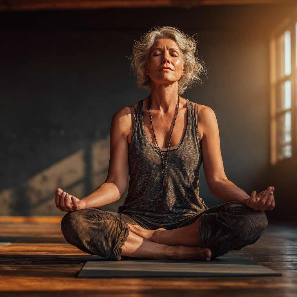 Mature woman in her 40s practicing yoga meditation pose on a yoga mat in a peaceful studio setting with natural lighting