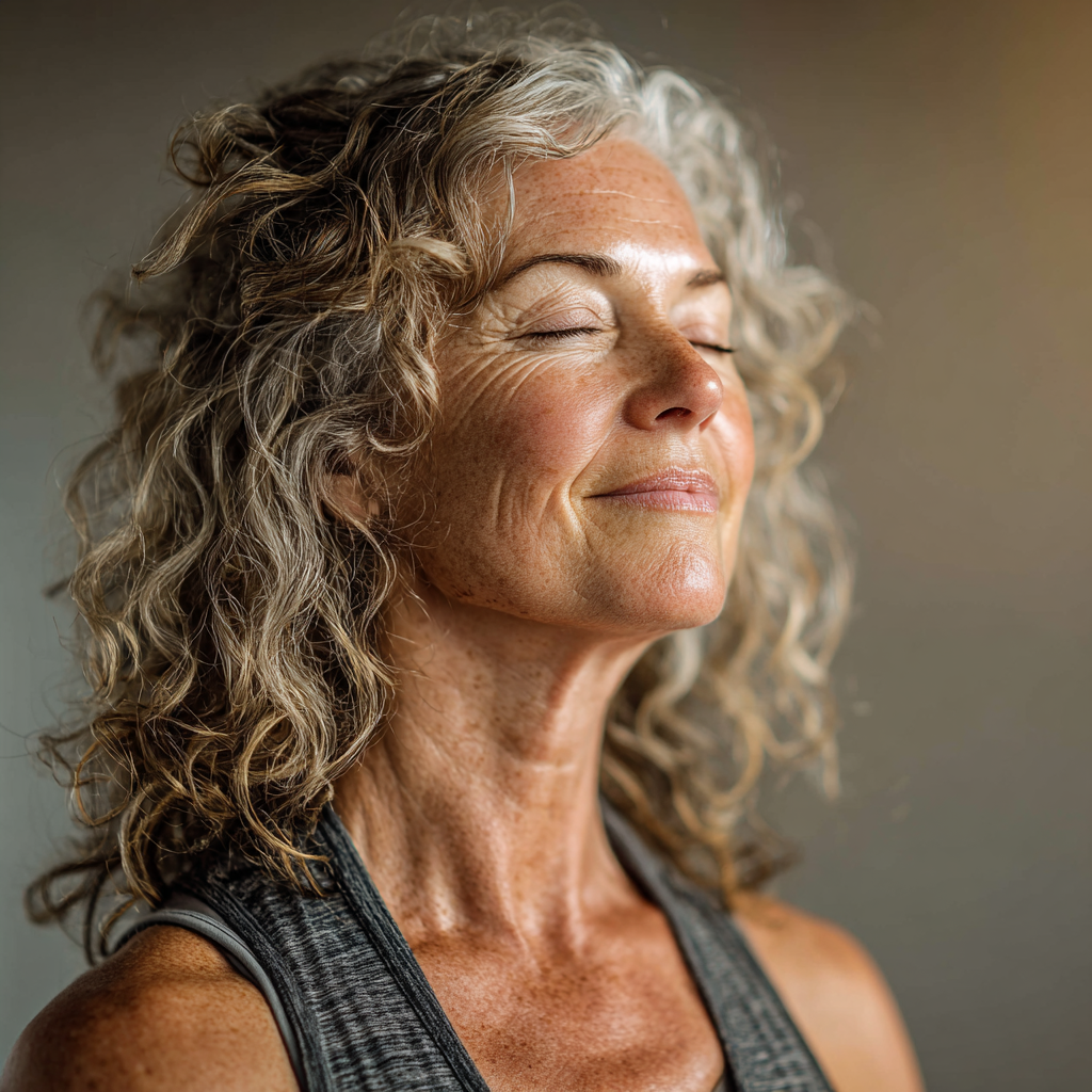 Professional yoga instructor in her 50s demonstrating a gentle yoga pose with serene expression in a bright studio environment